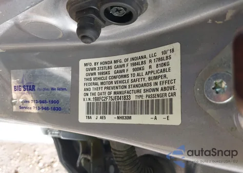 2018 Honda Civic Ex from USA, damaged, VIN 19XFC2F75JE041833